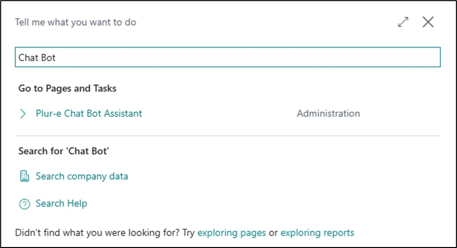 Business Central search results showing Chat Bot Assistant