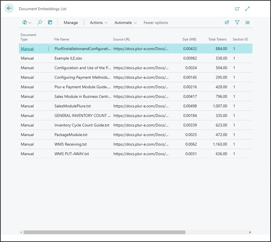 Manage Documents list of the Chat Bot Assistant