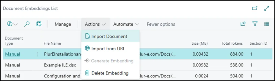 Actions menu with the Import Document option