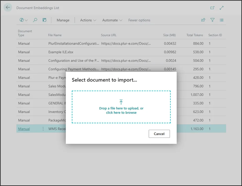 File picker to import a document into the chatbot database