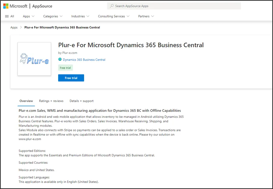 Plur-e listing on Microsoft AppSource with the Get it now button