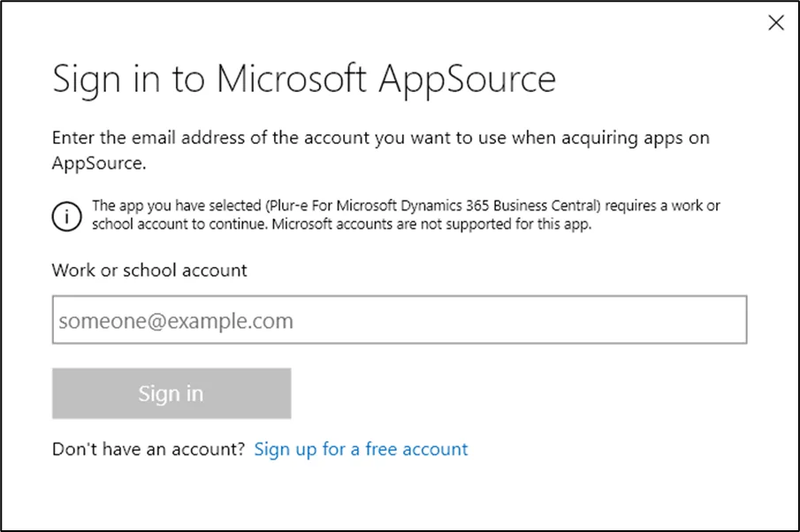 Microsoft sign-in dialog shown before installing an AppSource extension