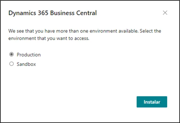AppSource install dialog listing the Business Central environments to choose from