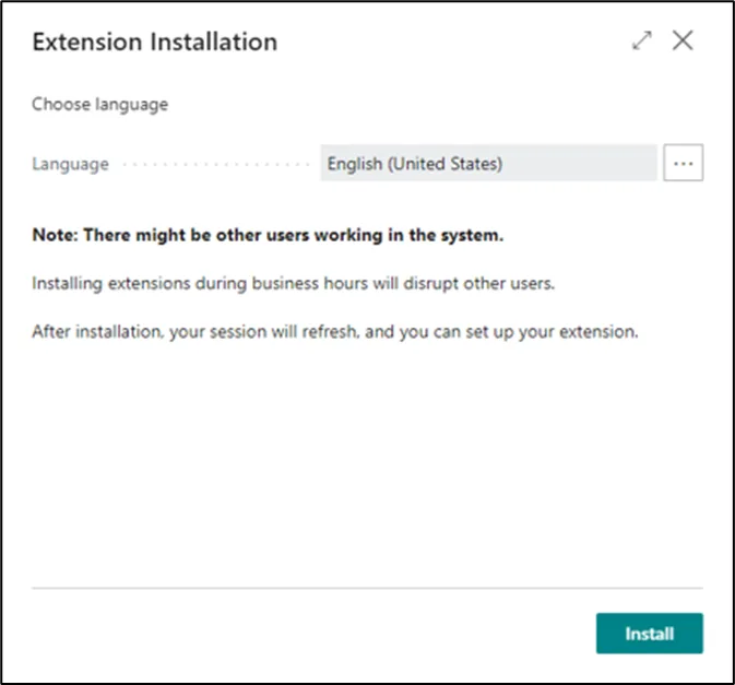 Business Central extension installation page for Plur-e