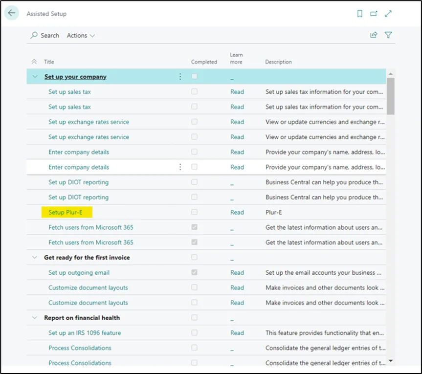 Business Central Assisted Setup list with the Plur-E Setup entry