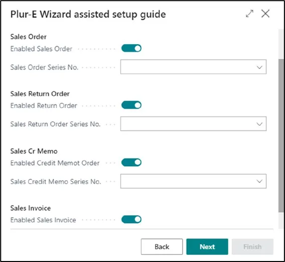 Plur-E Setup wizard page listing the document number series used by the mobile app