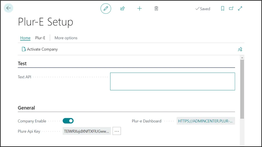 Plur-E Setup page in Business Central with all settings and the link to the Admin Center