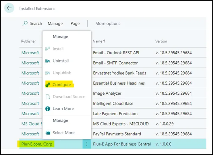 Extension Management page with the Plur-E extension selected and the Configure action
