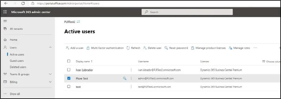 Microsoft 365 admin center user list with a user selected