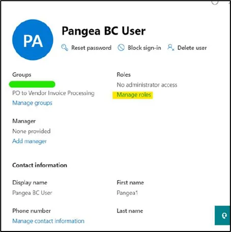 User details pane in the Microsoft 365 admin center with the Manage roles link highlighted