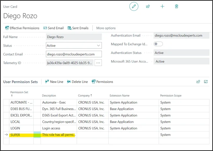 Business Central user card showing the SUPER permission set assigned