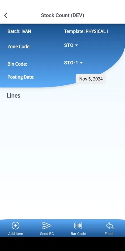 Scanning page of the general inventory count with item and physical quantity
