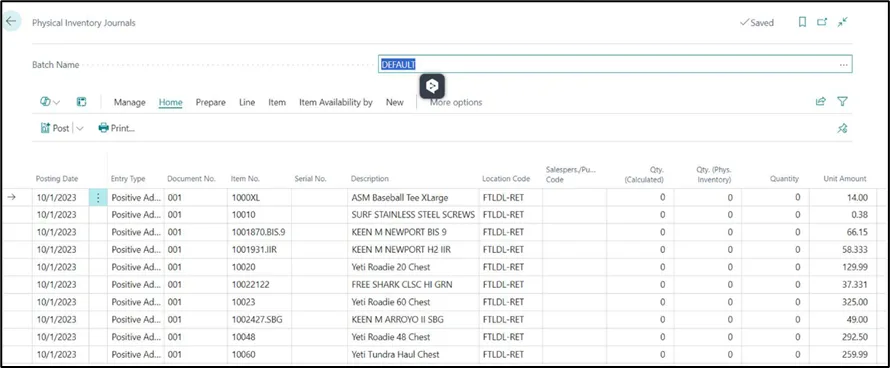 Physical Inventory Journals page in Business Central