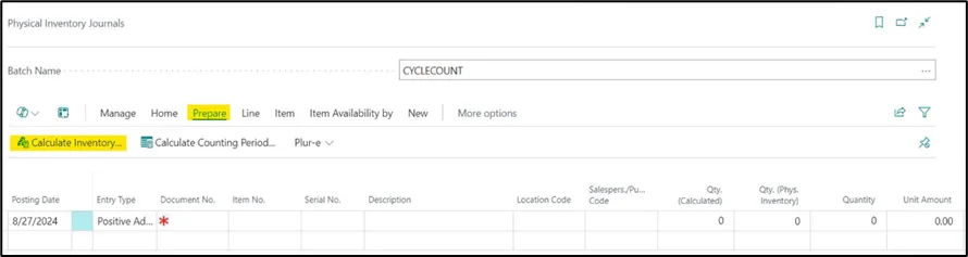 Calculate Inventory action on the journal batch