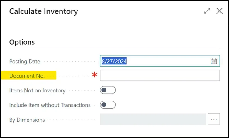 Calculate Inventory request page with the document number