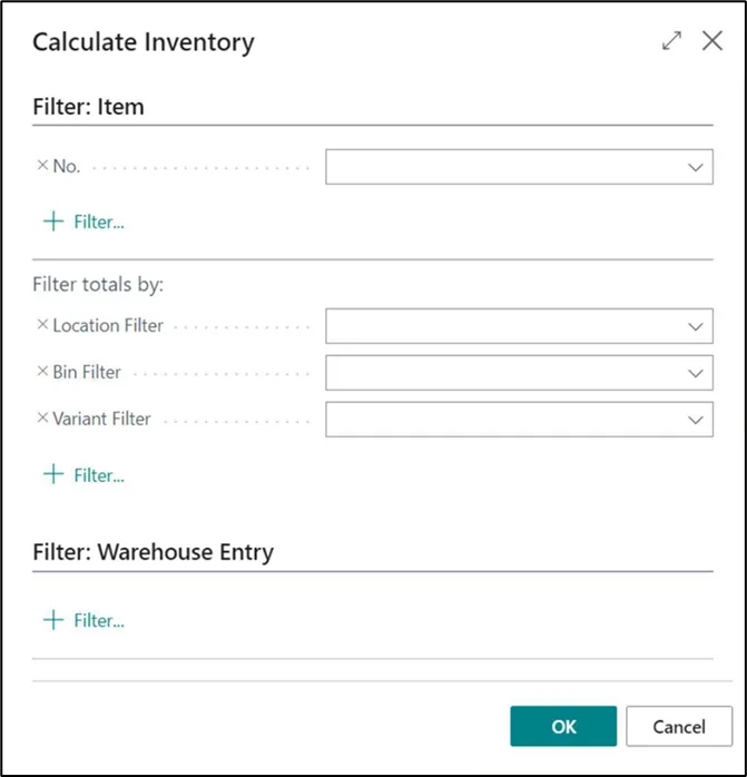Item and totals filters on the Calculate Inventory request page