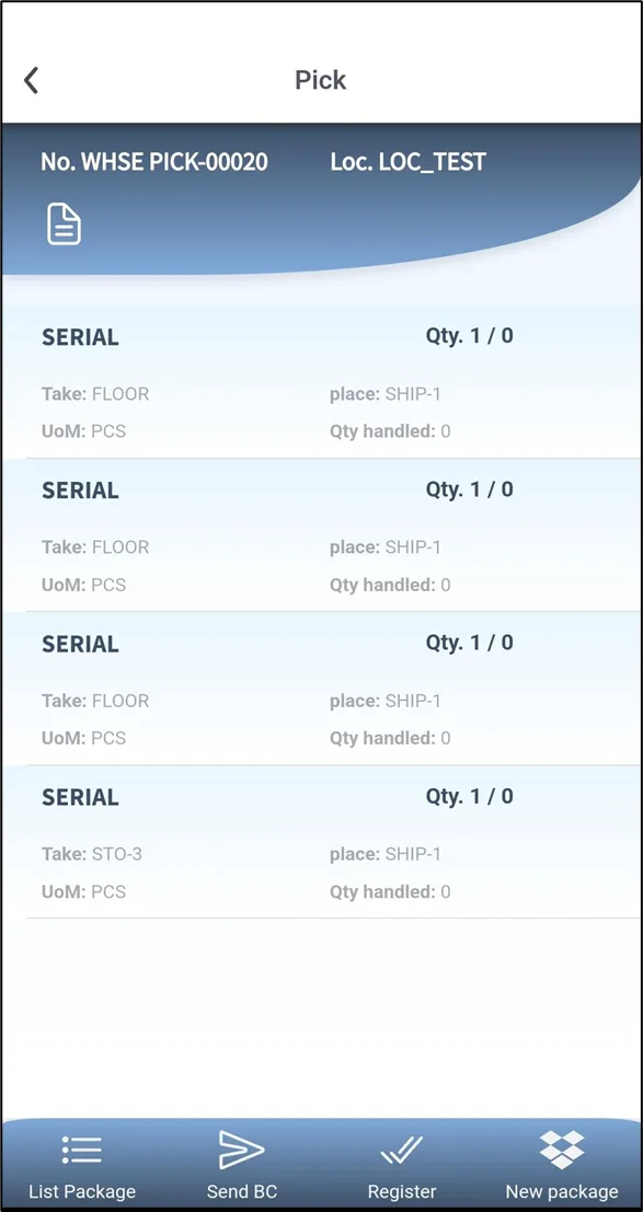 Pick page in Plur-e Mobile listing the lines to pick