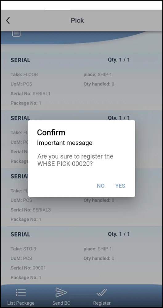 Register pick action in Plur-e Mobile