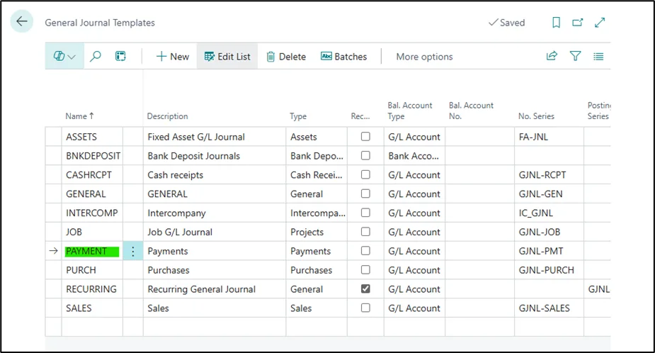 General Journal Templates page in Business Central with a Payments template