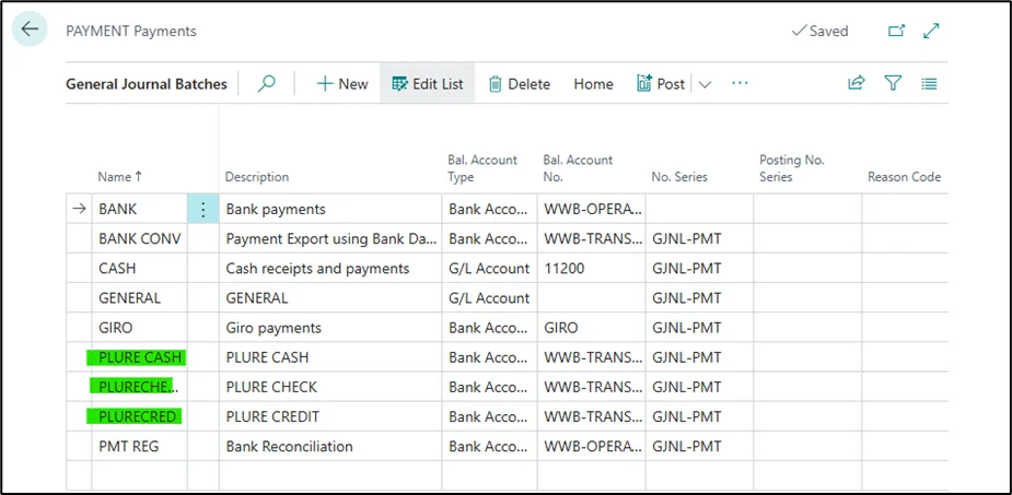 General Journal Batches page with Name, Bal. Account Type, Bal. Account No. and Payment Method Code columns