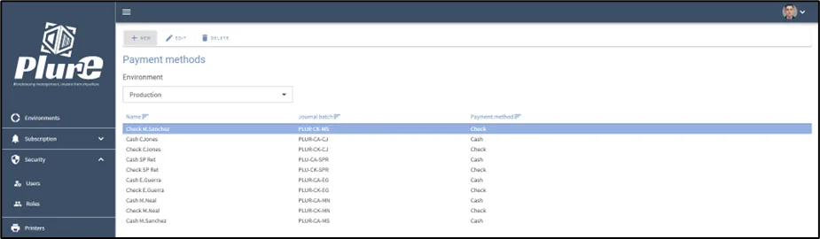 Payment methods list in the Admin Center matching the Business Central batches