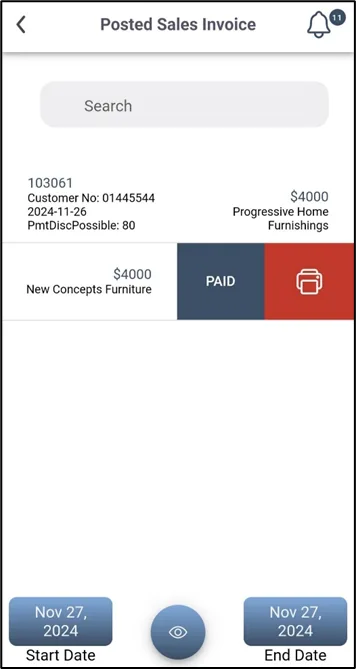 Posted Sales Invoice list with the Pay action revealed by swiping right