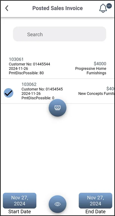 Multiple posted invoices selected with the Pay Invoices button