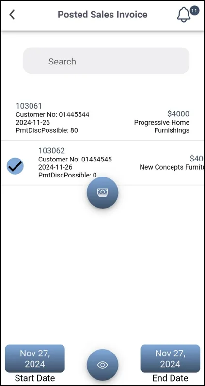 Posted Sales Invoice Payment list in Plur-e Mobile