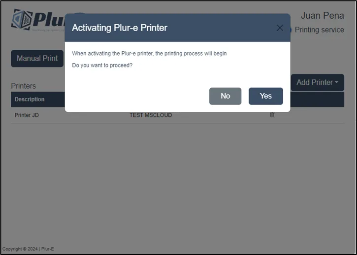 Printing service activated in Plur-e Printer