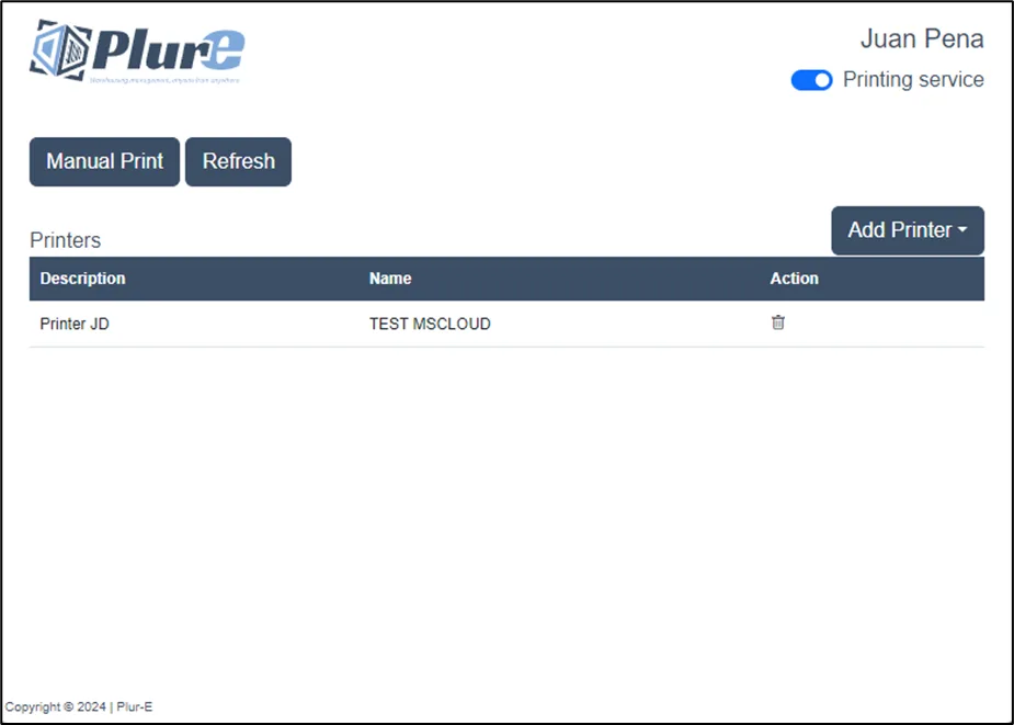 Printer listed as ready in Plur-e Printer