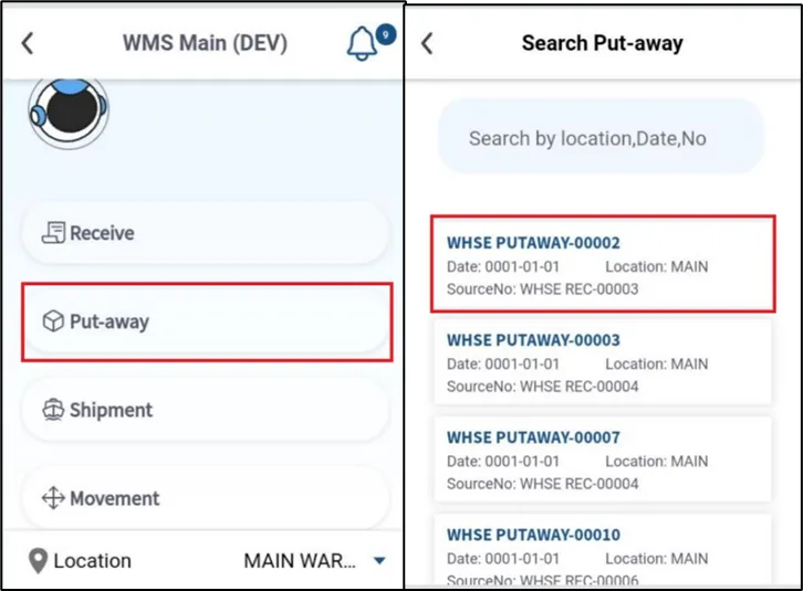 Whse. Put-away submodule in Plur-e Mobile