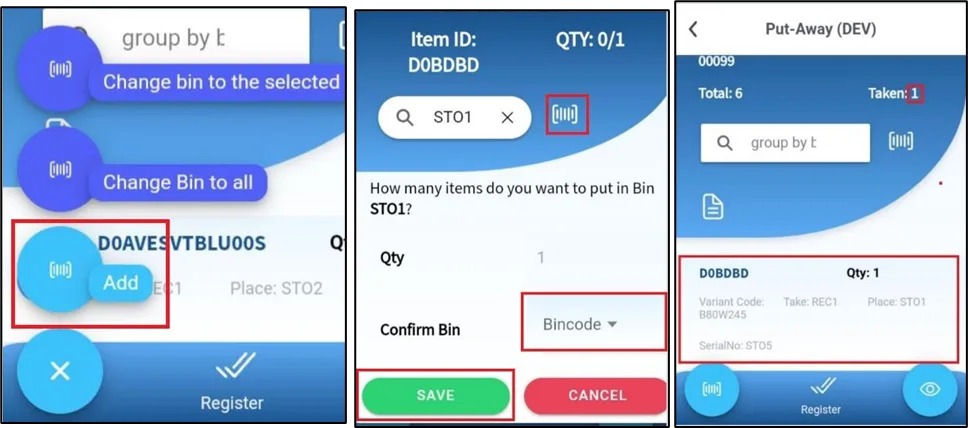 Dialog to enter quantity and destination bin code for a scanned item