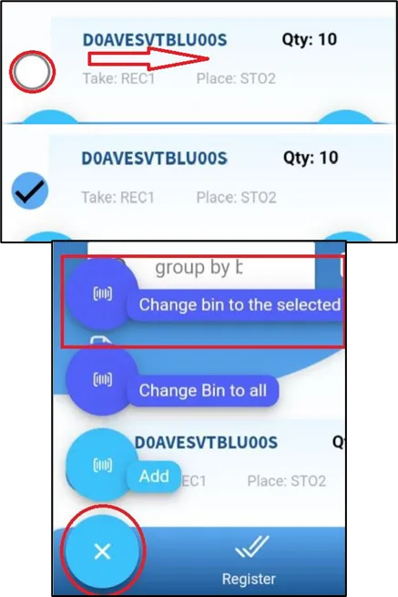 Line selected with the Change bin to the selected and Change bin to all actions