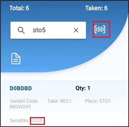 Search field for bin, item, variant, serial or lot