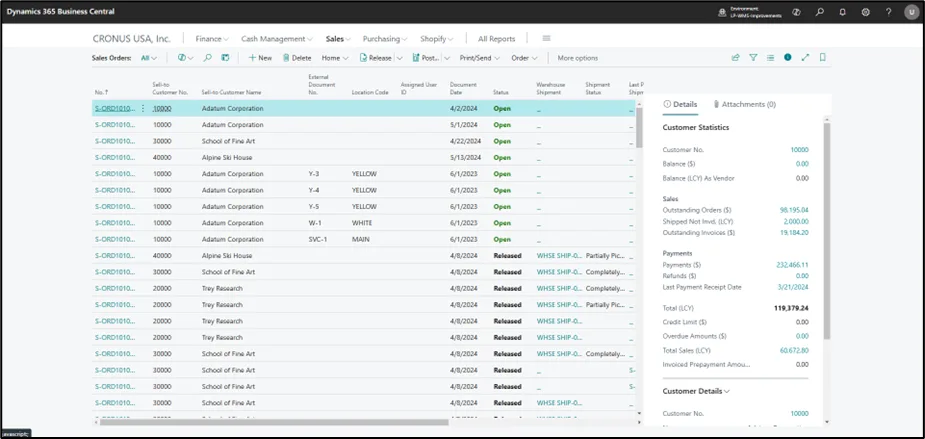Sales order card in Business Central with customer information