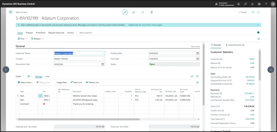 New sales invoice card in Business Central