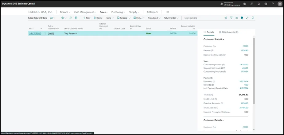 Sales Return Orders list in Business Central