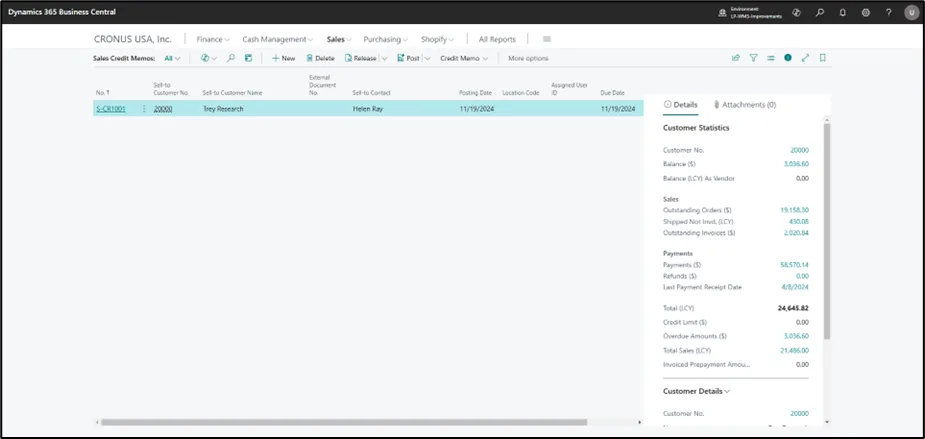 Posted sales invoice with the Create Credit Memo action