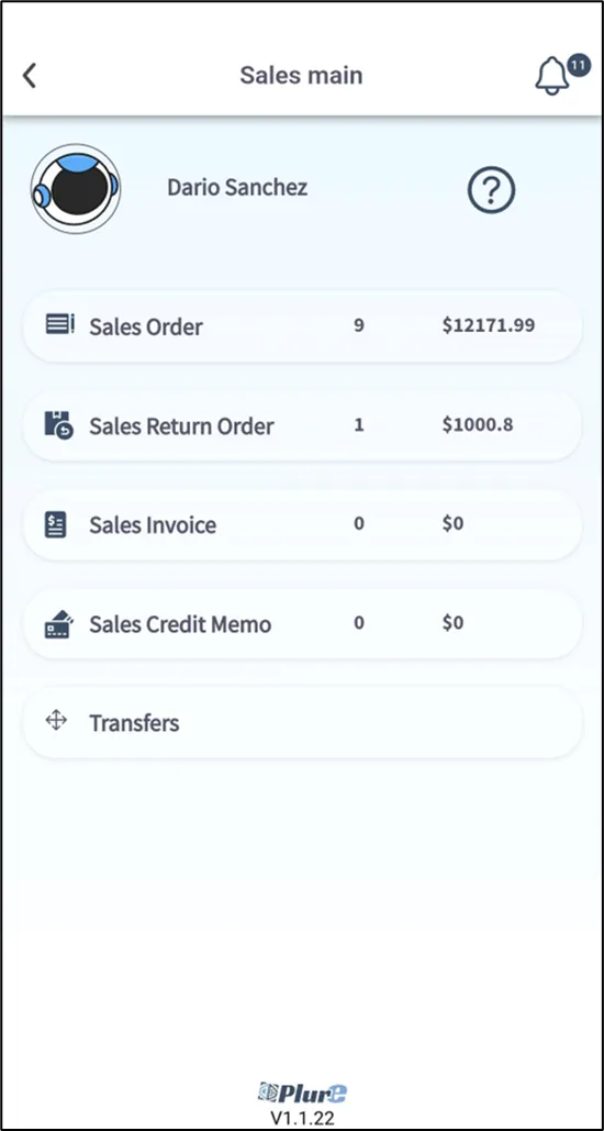 Plur-e Mobile home screen with the Sales module tiles