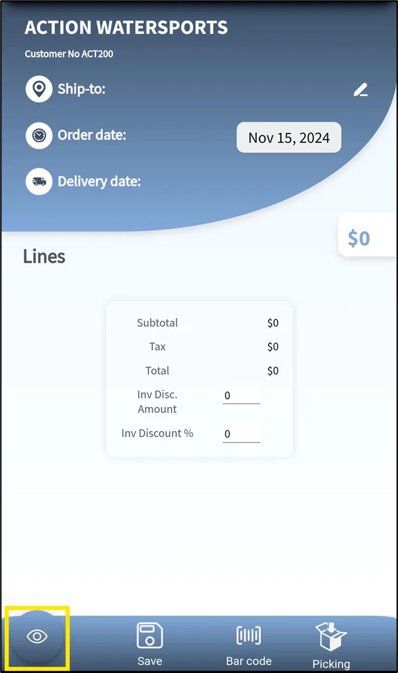New sales order header with customer, addresses and delivery date