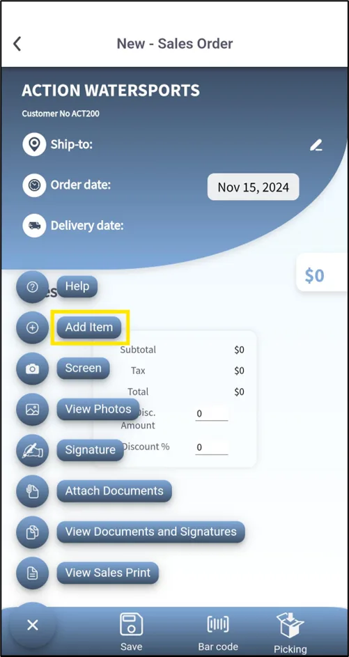 Item search list while adding a line to a sales order