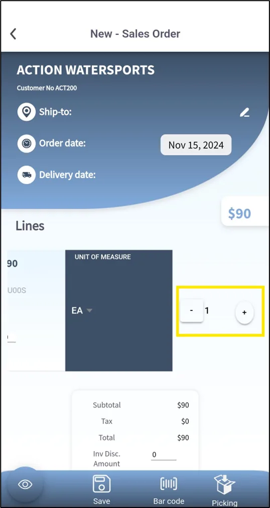 Sales order line editor with location, unit of measure and quantity fields