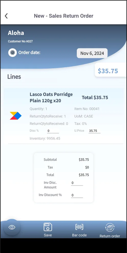 Sales Return Orders screen in Plur-e Mobile