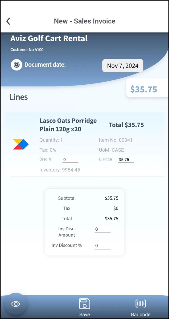 New sales invoice header with customer lookup