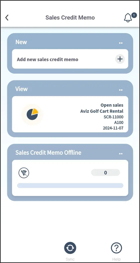 Sales Credit Memo screen in Plur-e Mobile