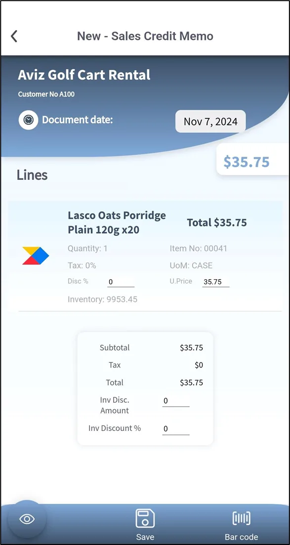 New credit memo header with customer selection