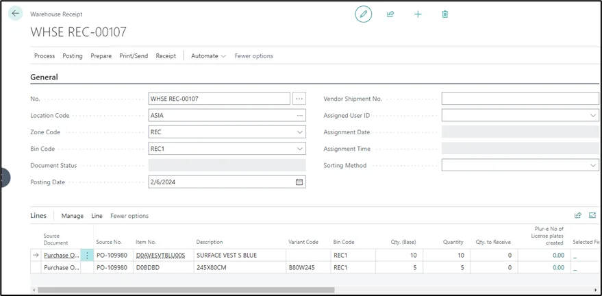 Plur-e Mobile Warehouse module with the Whse. Receipt option