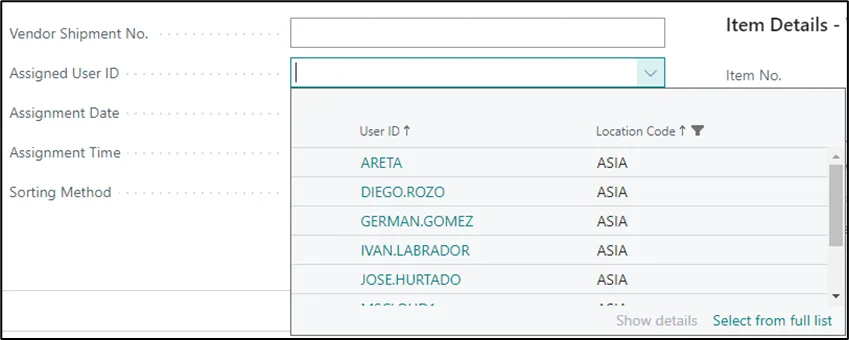 Warehouse receipt list showing the documents assigned to the user