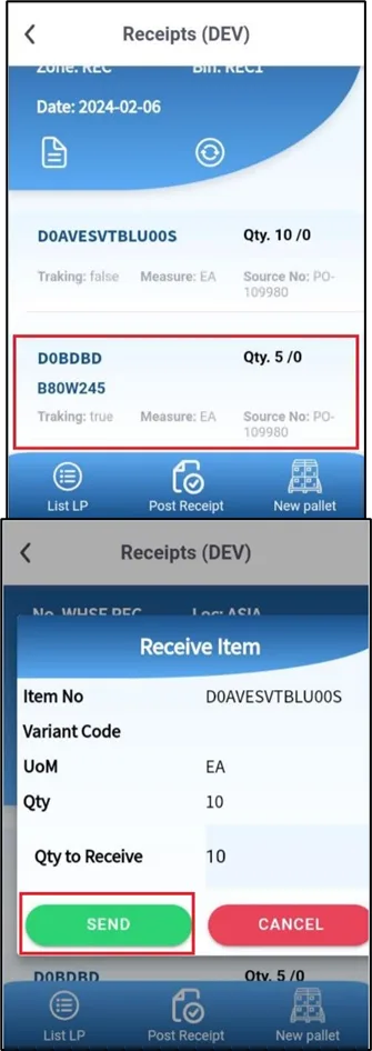 Serial number scanning screen with the list of scanned serials