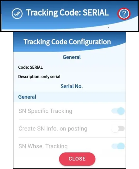Item tracking configuration shown after tapping the question mark icon